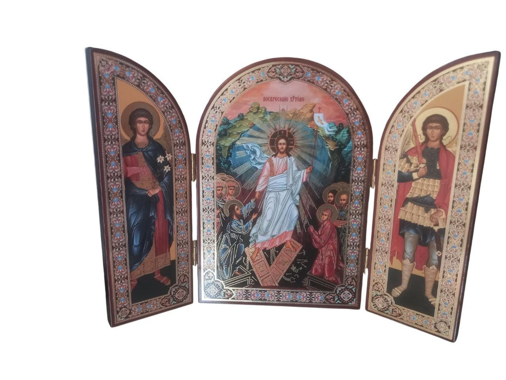 Greek Orthodox Triptych Icon Resurrection of Jesus Christ Archangel Michael Gabriel Folding Travel Icon Wood Gilded Print 23x16cm 9x6.3 inch