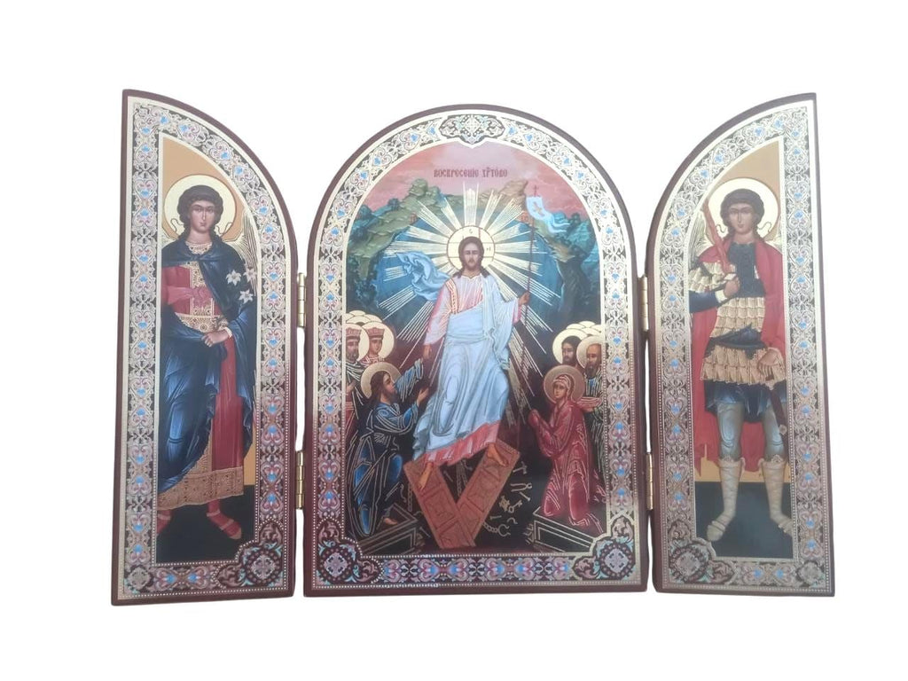 Greek Orthodox Triptych Icon Resurrection of Jesus Christ Archangel Michael Gabriel Folding Travel Icon Wood Gilded Print 23x16cm 9x6.3 inch