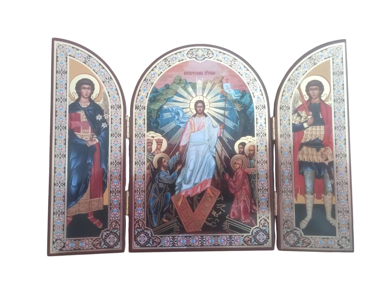Greek Orthodox Triptych Icon Resurrection of Jesus Christ Archangel Michael Gabriel Folding Travel Icon Wood Gilded Print 23x16cm 9x6.3 inch