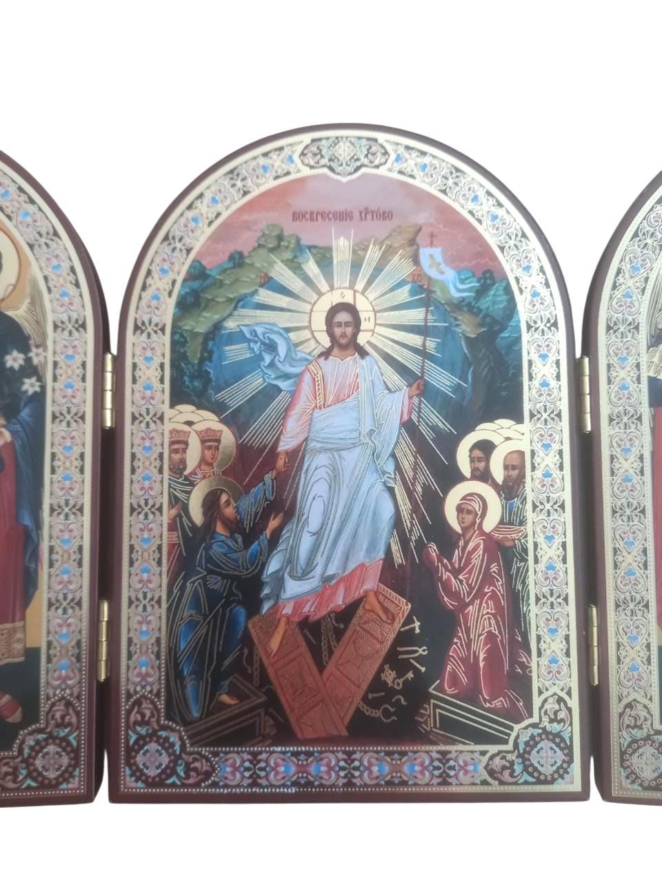 Greek Orthodox Triptych Icon Resurrection of Jesus Christ Archangel Michael Gabriel Folding Travel Icon Wood Gilded Print 23x16cm 9x6.3 inch