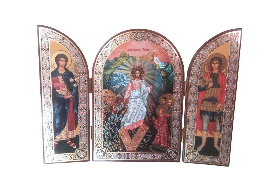 Greek Orthodox Triptych Icon Resurrection of Jesus Christ Archangel Michael Gabriel Folding Travel Icon Wood Gilded Print 23x16cm 9x6.3 inch