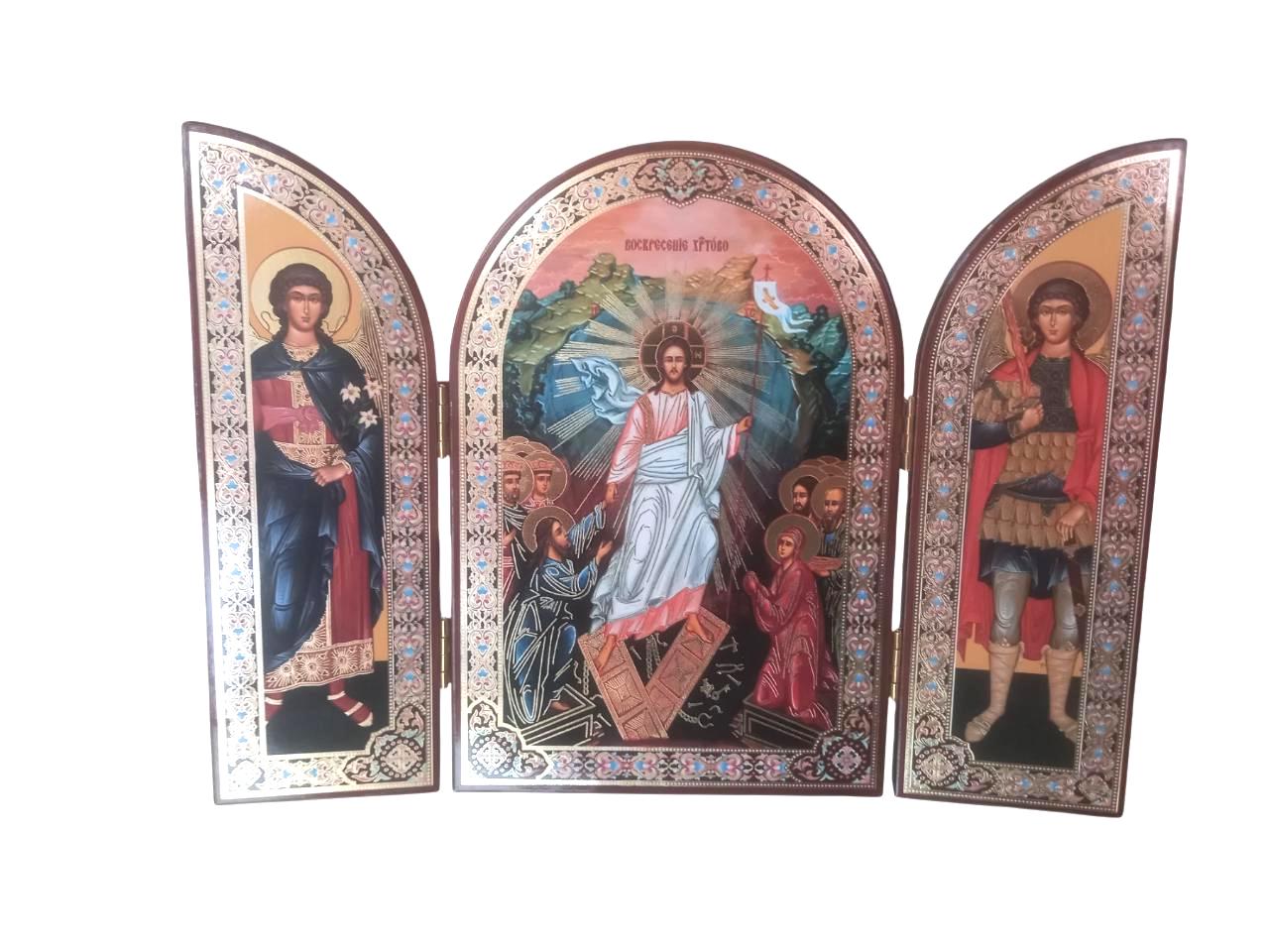 Greek Orthodox Triptych Icon Resurrection of Jesus Christ Archangel Michael Gabriel Folding Travel Icon Wood Gilded Print 23x16cm 9x6.3 inch