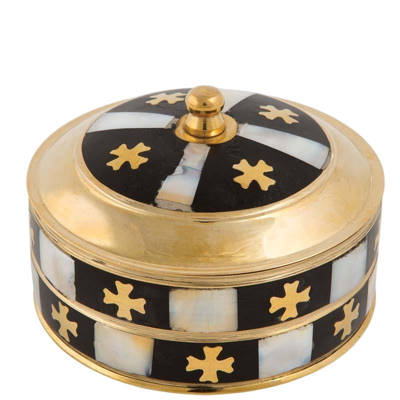 Round Brass Box Relic Case Incense Storage Rosary Safe Religious Jewelry Crosses Design Mother of Pearl Inlay Greek Orthodox Anointing Oil