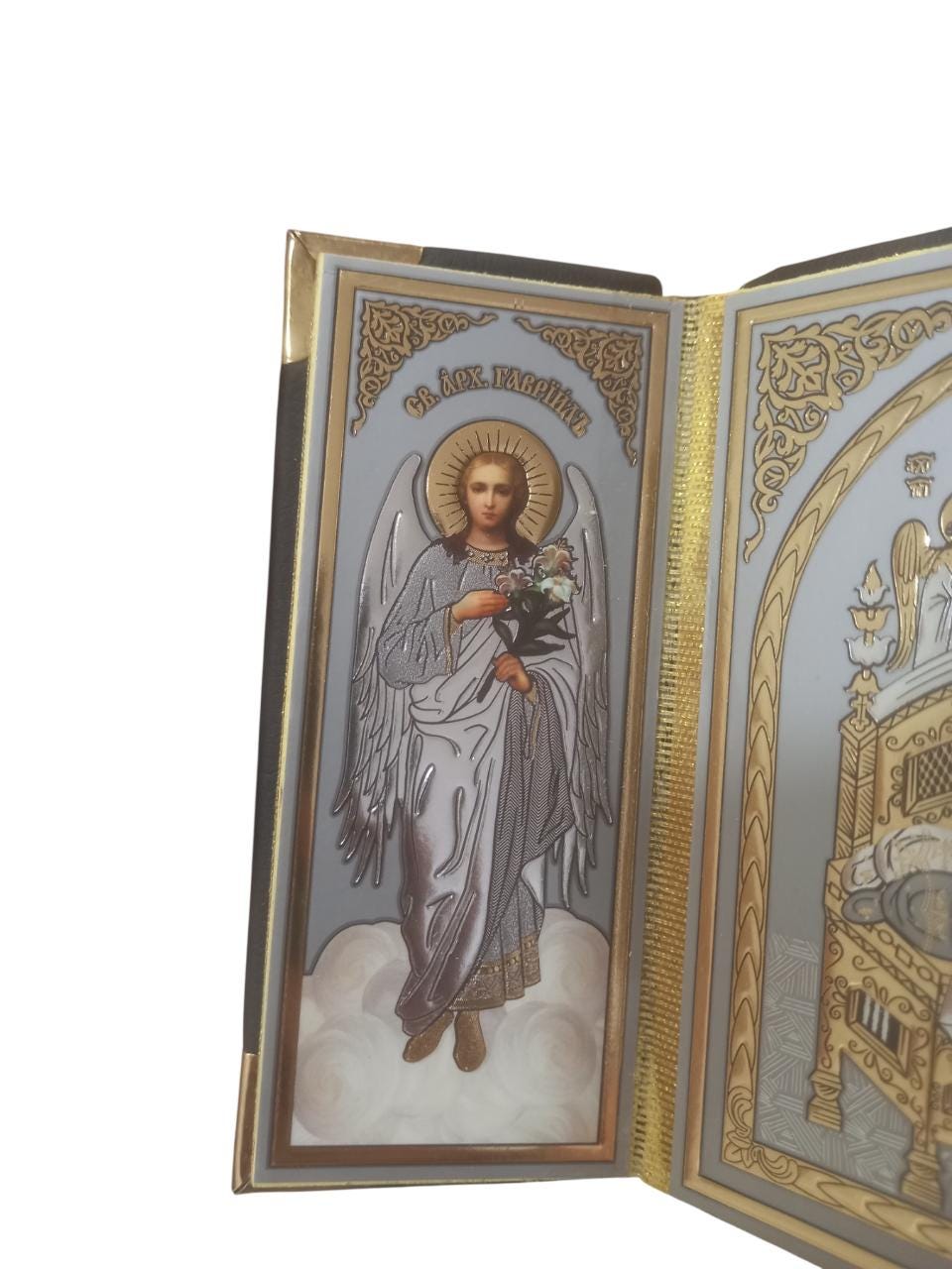 Greek Orthodox Triptych Icon Theotokos Most Queen of All Pantanassa on Golden Throne Jesus Christ Archagels Michael Gabriel with Leather