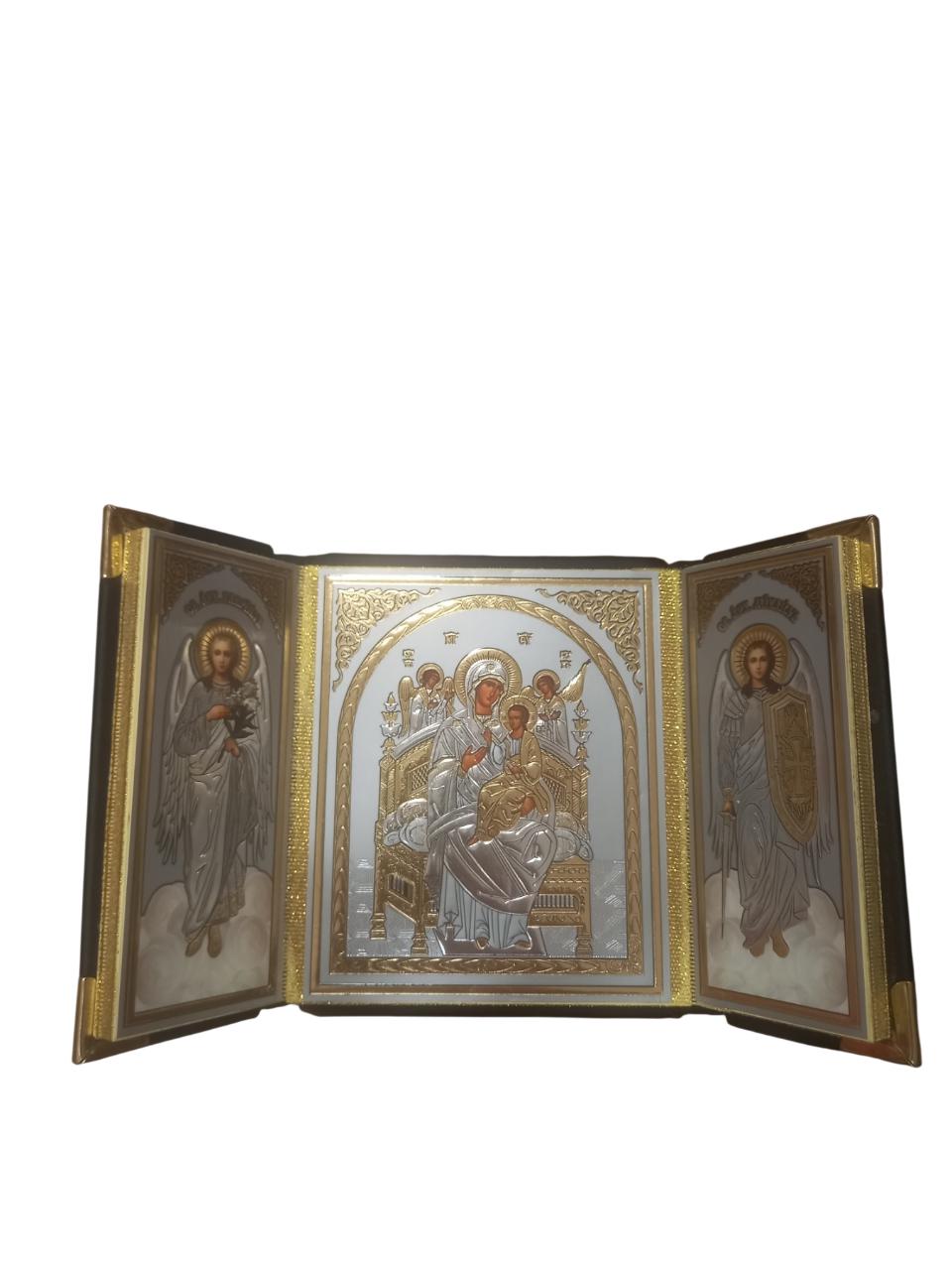 Greek Orthodox Triptych Icon Theotokos Most Queen of All Pantanassa on Golden Throne Jesus Christ Archagels Michael Gabriel with Leather