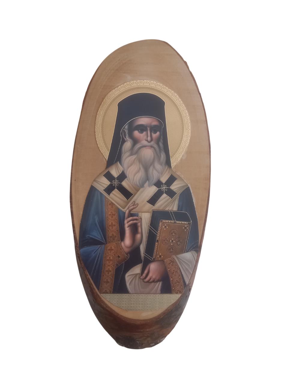 Saint Nectarios of Aegina Wall Mount Oval Natural Wood Greek Orthodox Icon
