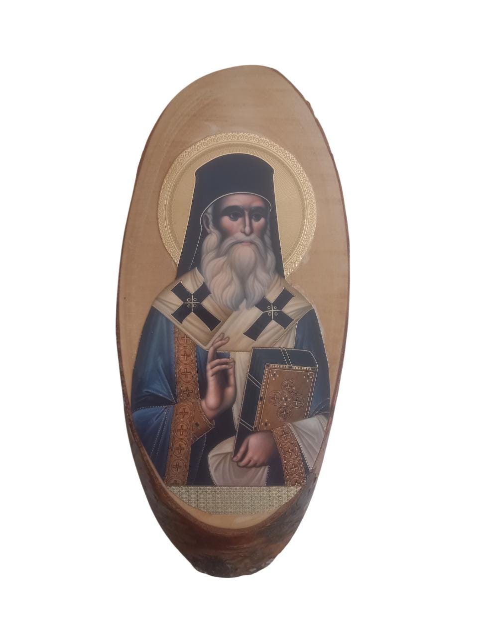 Saint Nectarios of Aegina Wall Mount Oval Natural Wood Greek Orthodox Icon