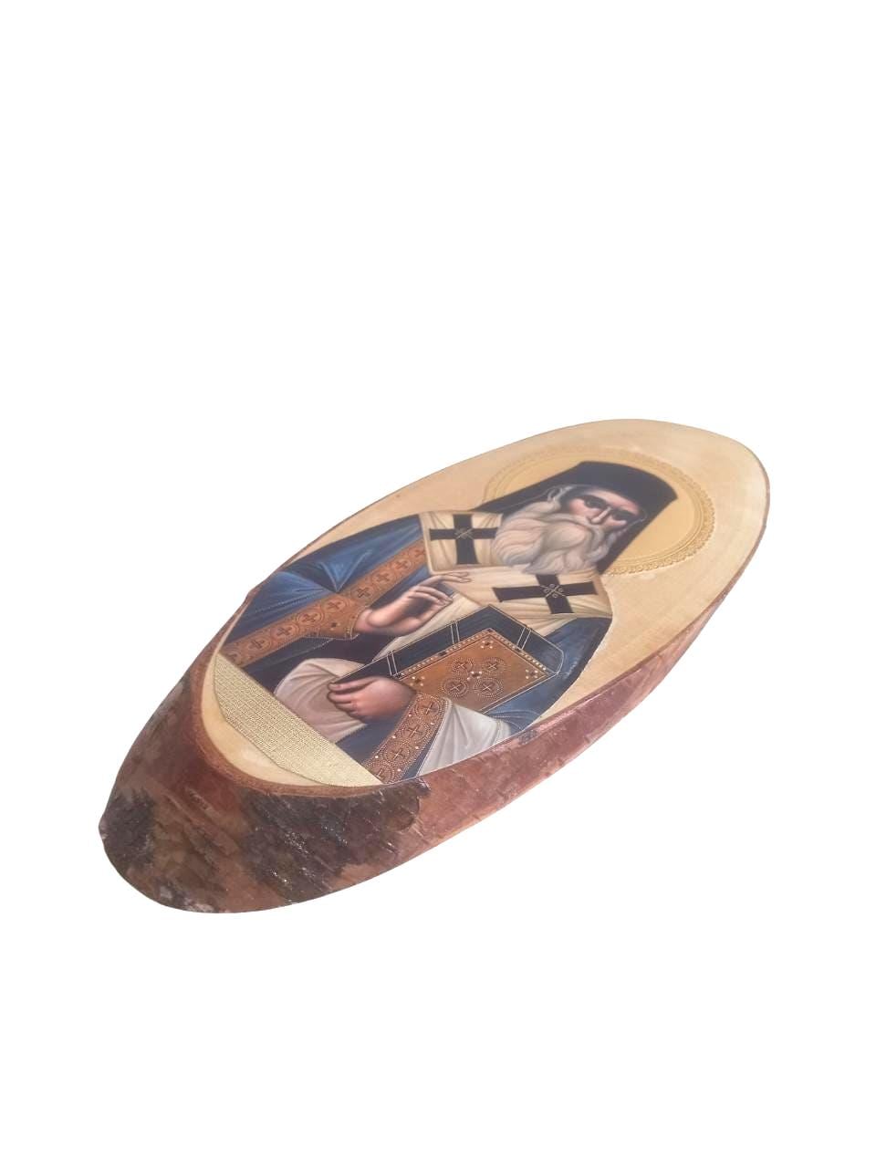 Saint Nectarios of Aegina Wall Mount Oval Natural Wood Greek Orthodox Icon