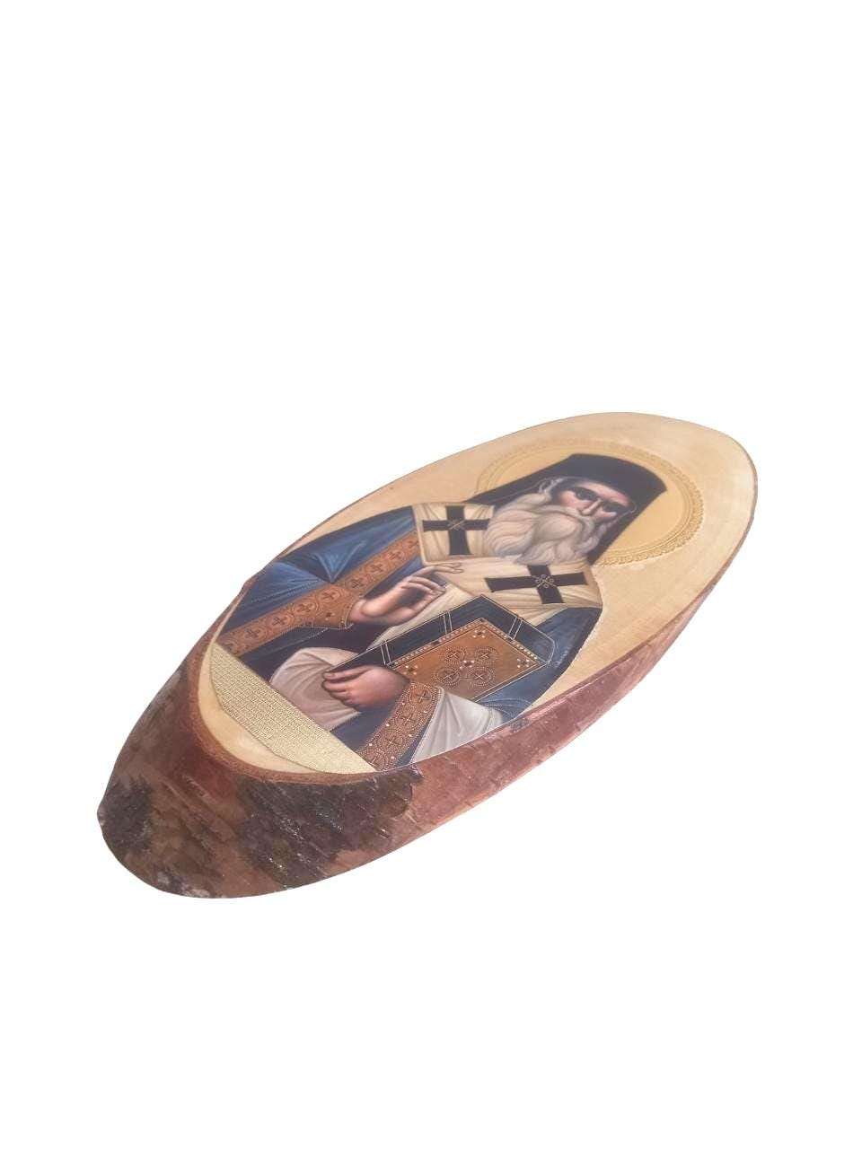 Saint Nectarios of Aegina Wall Mount Oval Natural Wood Greek Orthodox Icon