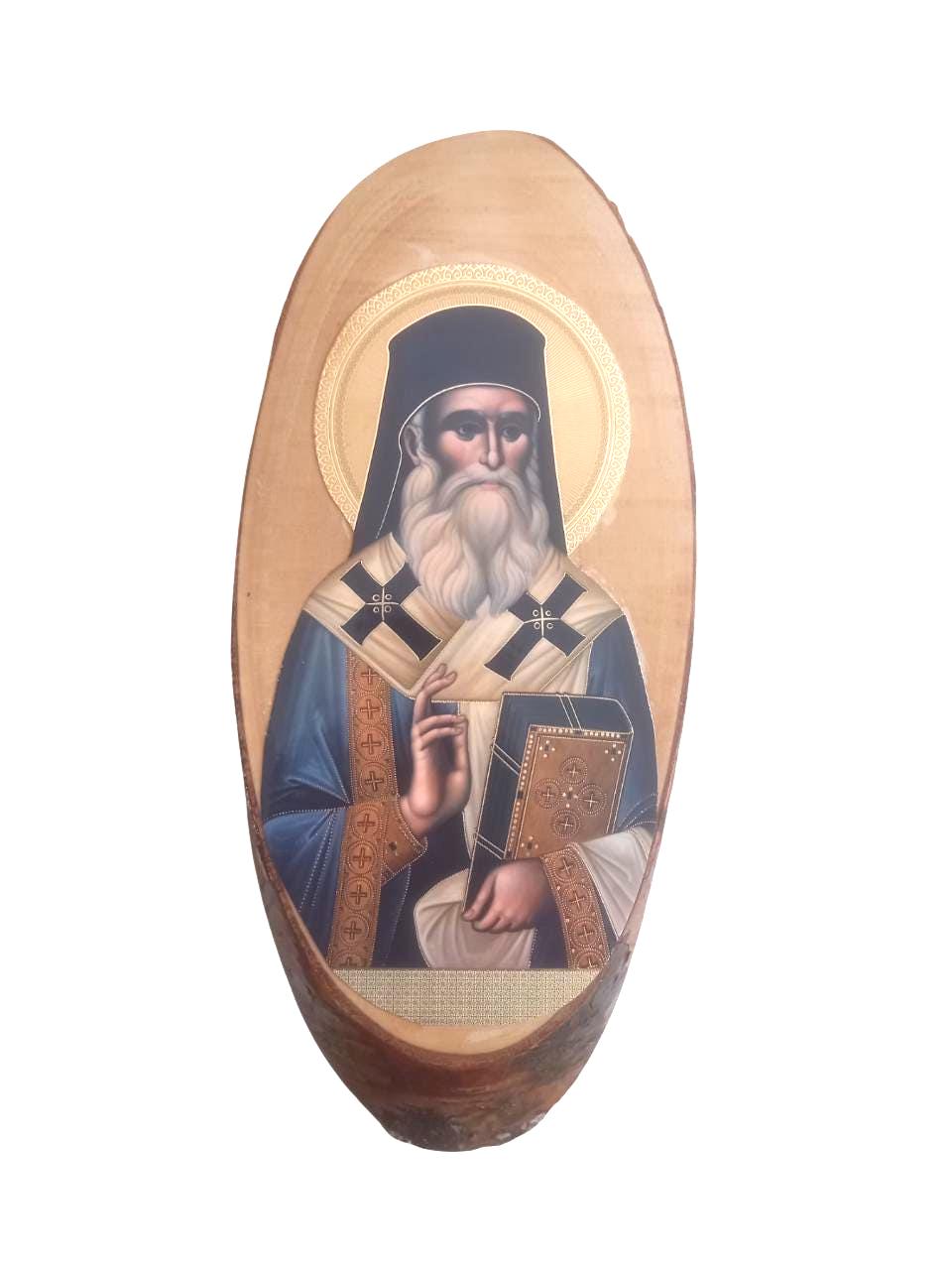 Saint Nectarios of Aegina Wall Mount Oval Natural Wood Greek Orthodox Icon