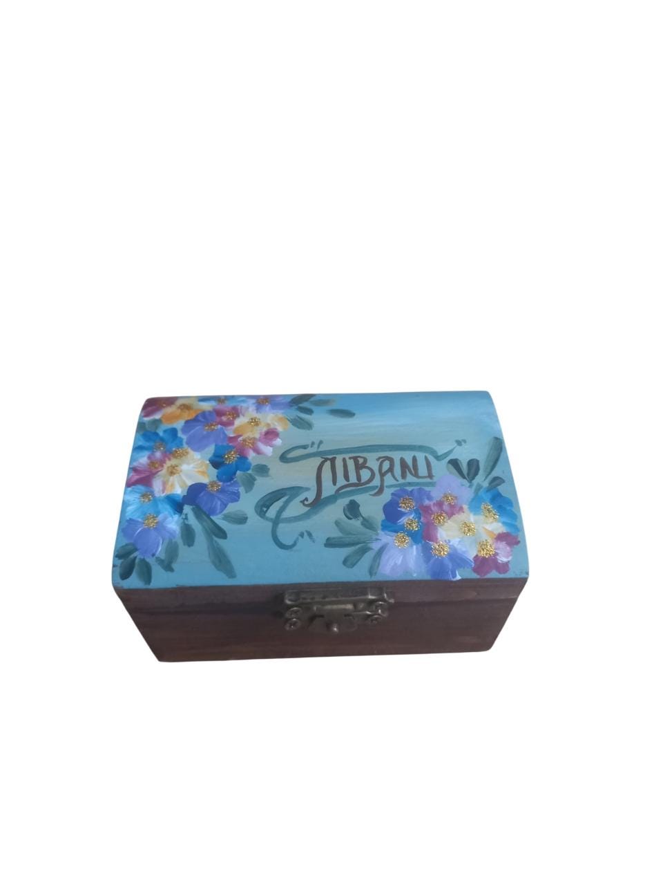 Handpainted Wooden Incense Box Blue Floral Greek Orthodox Unique Gift