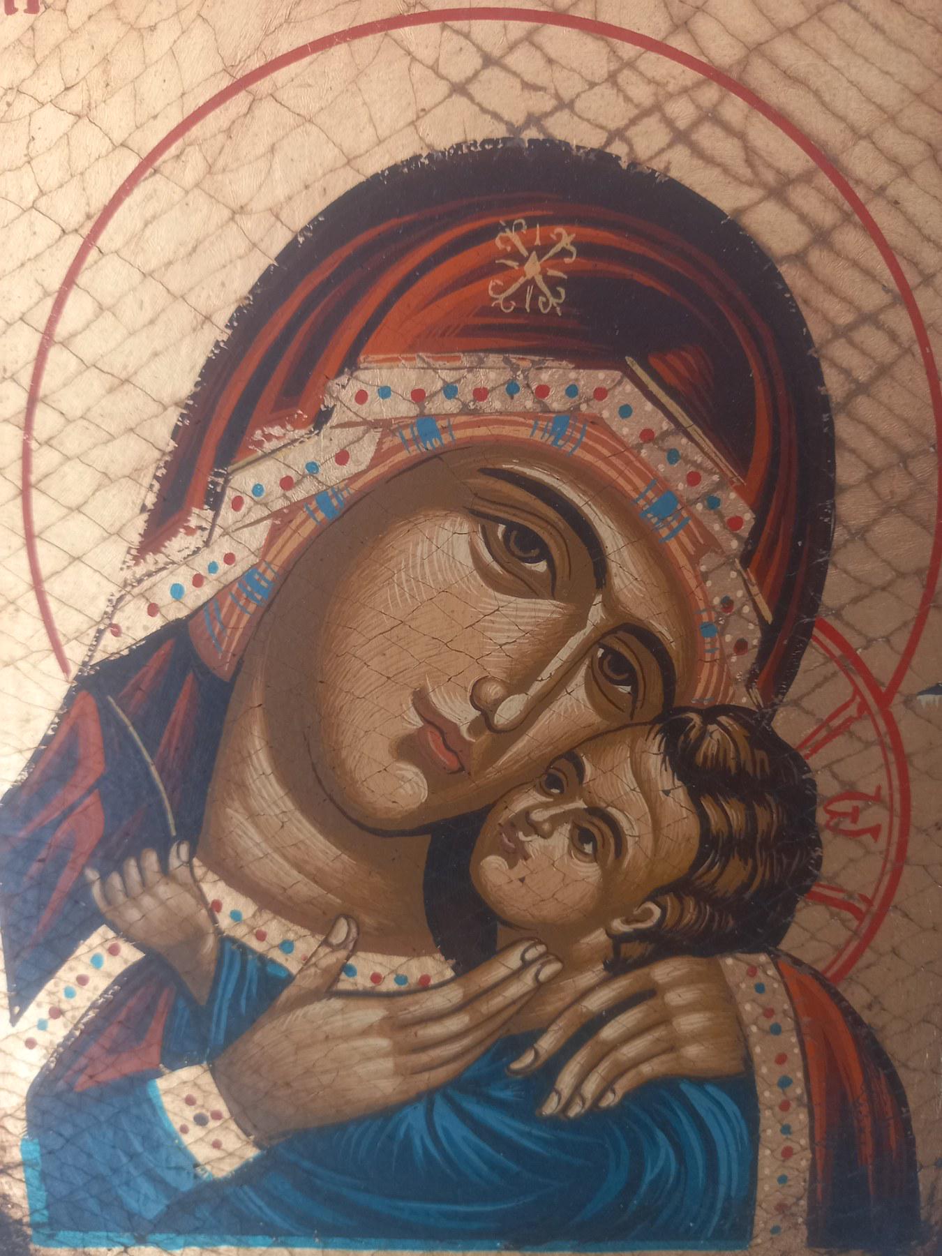 Theotokos Virgin Mary Icon Kissing Baby Jesus Byzantine Egg Tempera Gold Wood