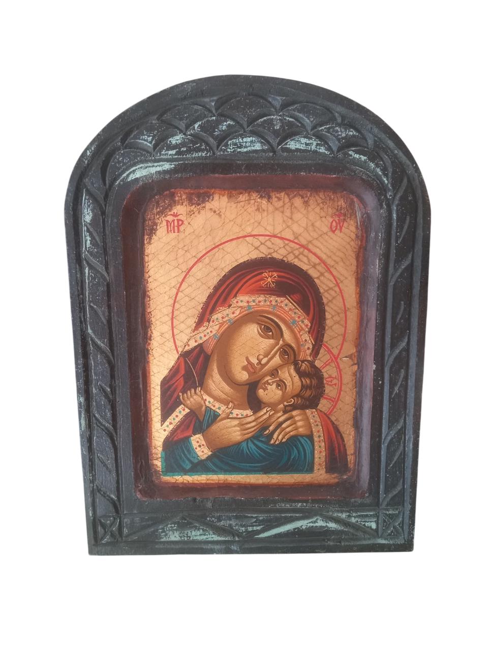 Theotokos Virgin Mary Icon Kissing Baby Jesus Byzantine Egg Tempera Gold Wood