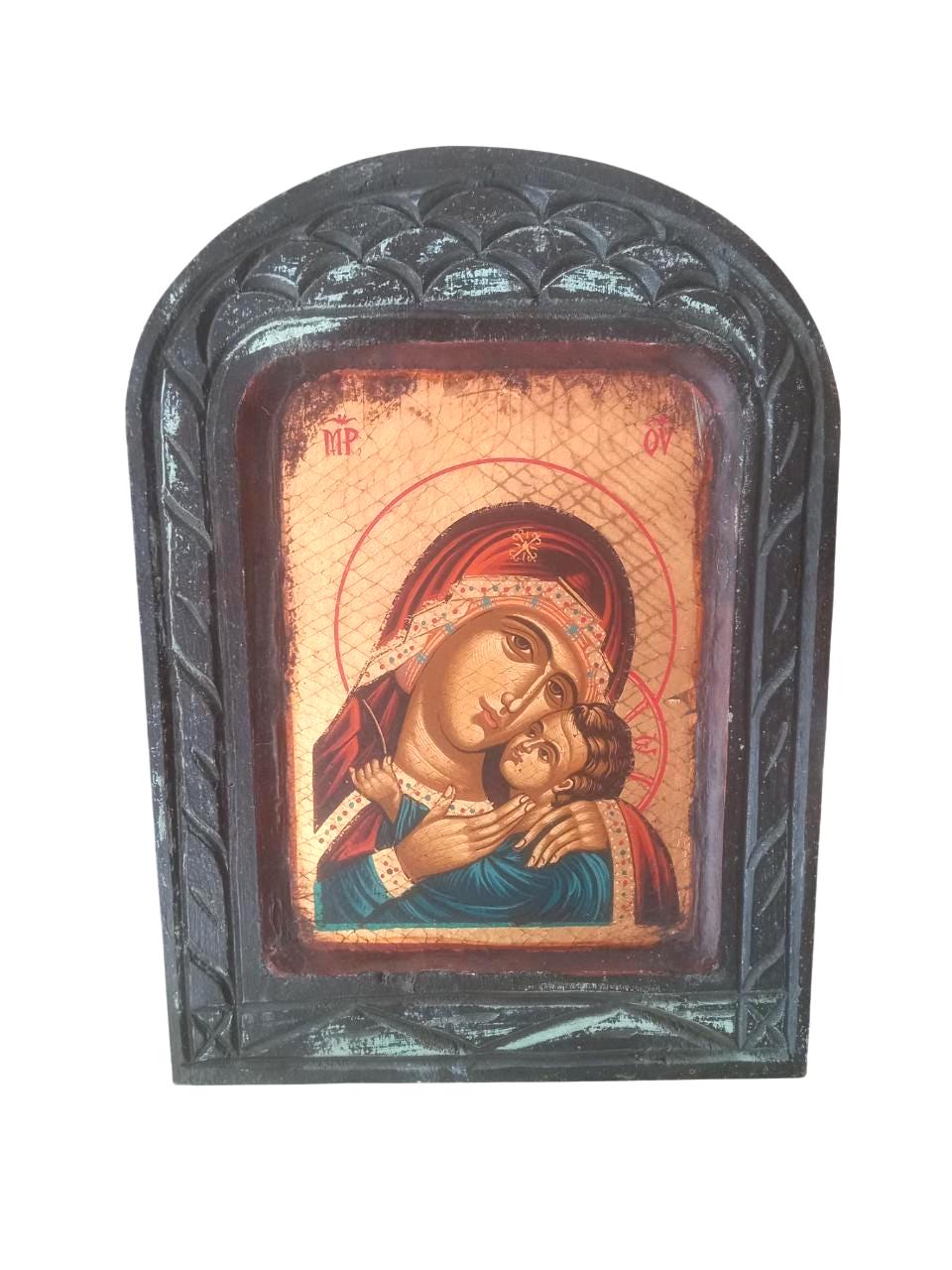 Theotokos Virgin Mary Icon Kissing Baby Jesus Byzantine Egg Tempera Gold Wood