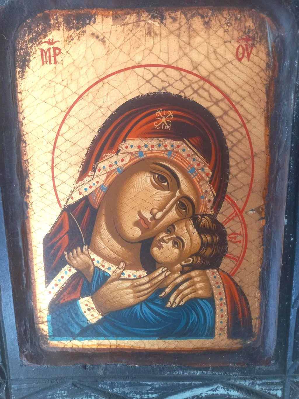 Theotokos Virgin Mary Icon Kissing Baby Jesus Byzantine Egg Tempera Gold Wood