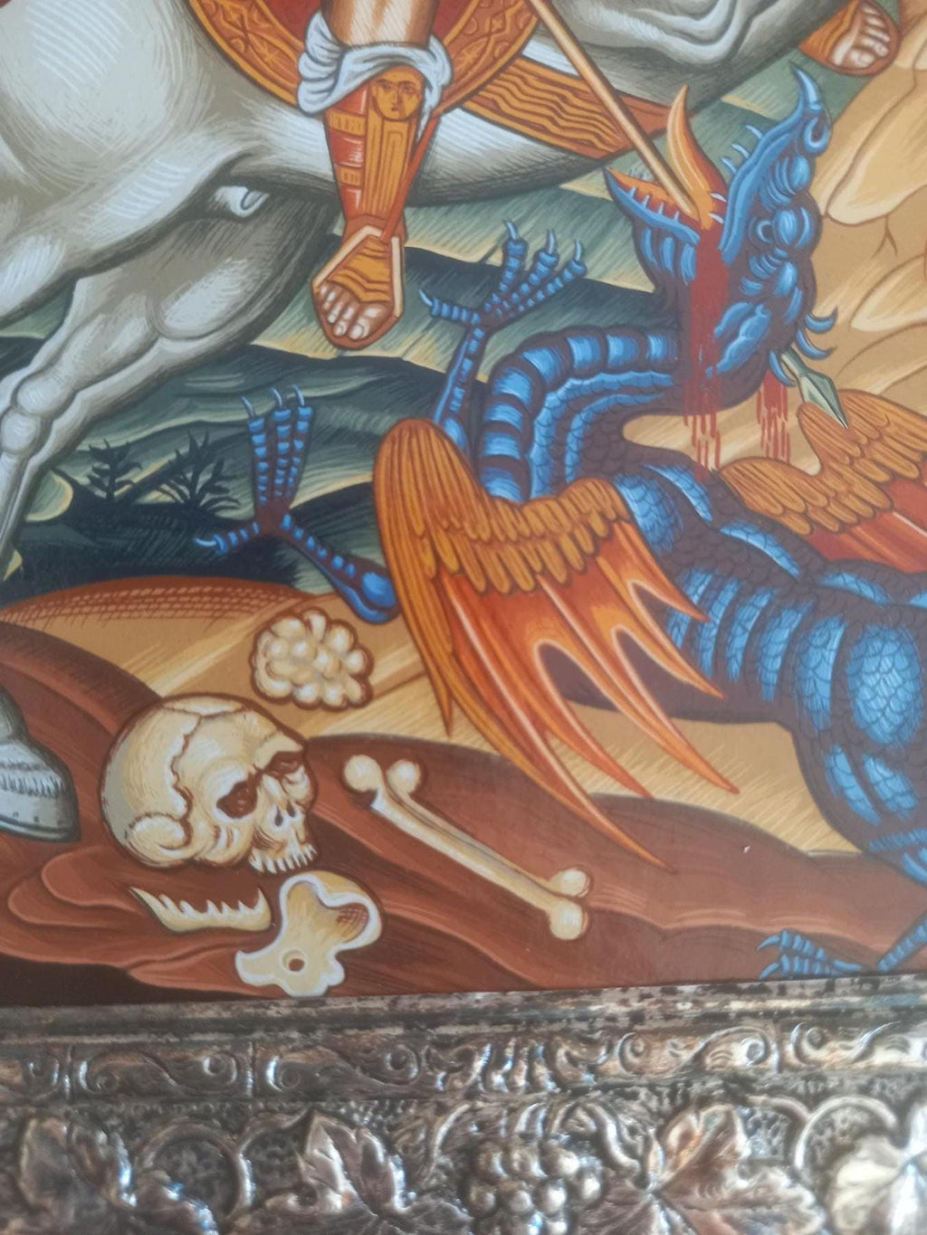 Old Saint George Icon Silver 950 Frame Dragon Greek Orthodox Wall Art Gold Sheets Background