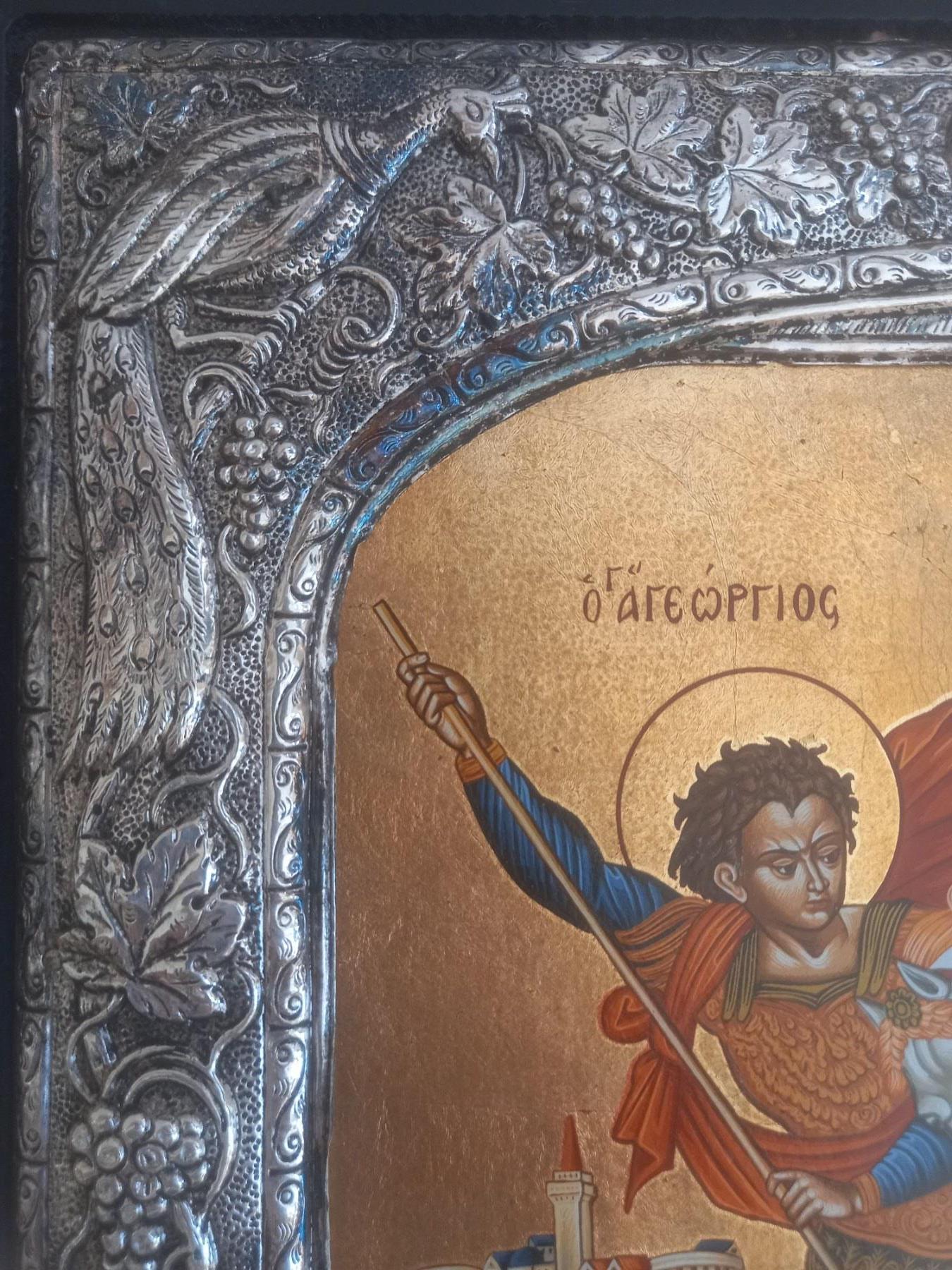 Old Saint George Icon Silver 950 Frame Dragon Greek Orthodox Wall Art Gold Sheets Background