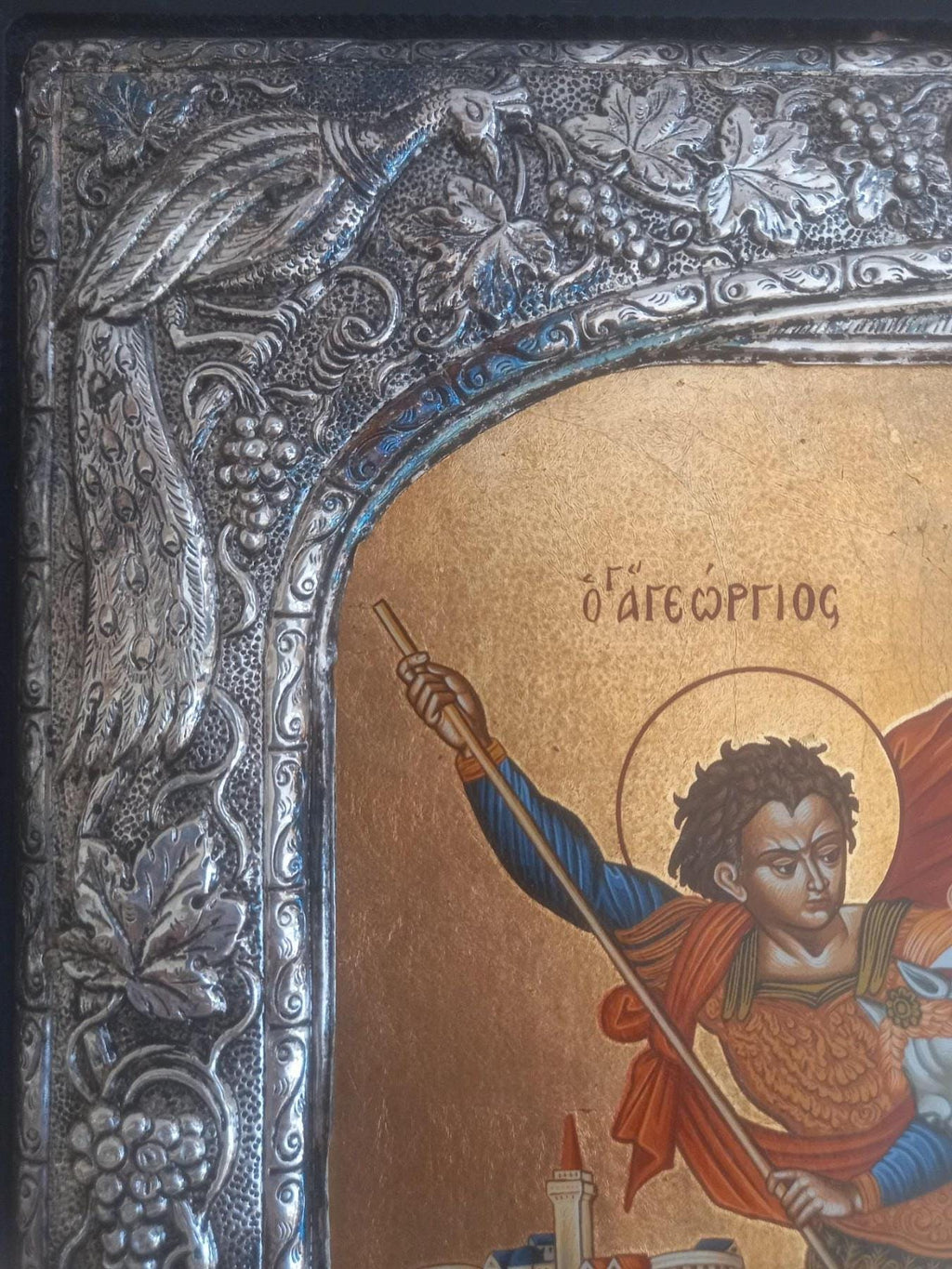 Old Saint George Icon Silver 950 Frame Dragon Greek Orthodox Wall Art Gold Sheets Background