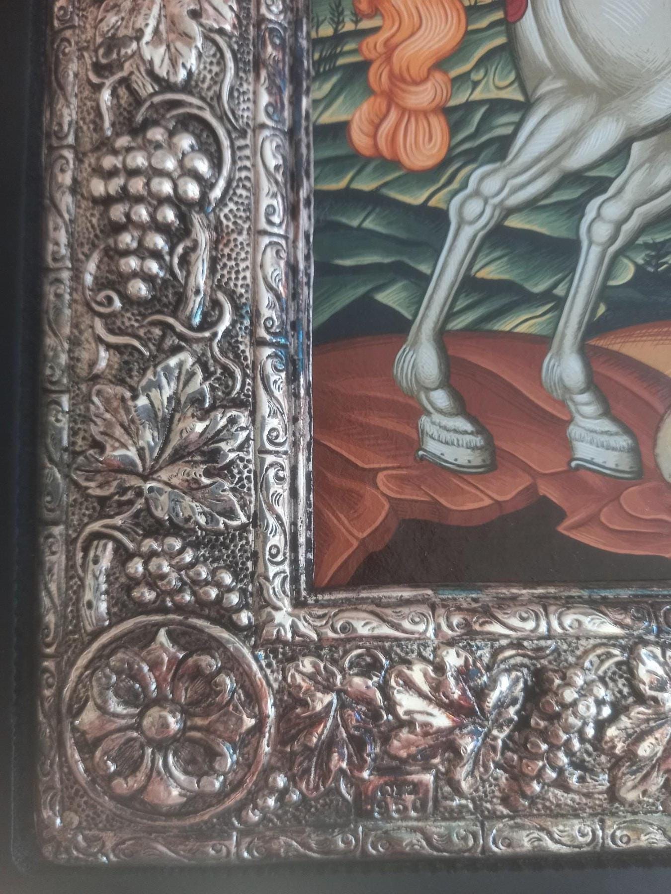 Old Saint George Icon Silver 950 Frame Dragon Greek Orthodox Wall Art Gold Sheets Background