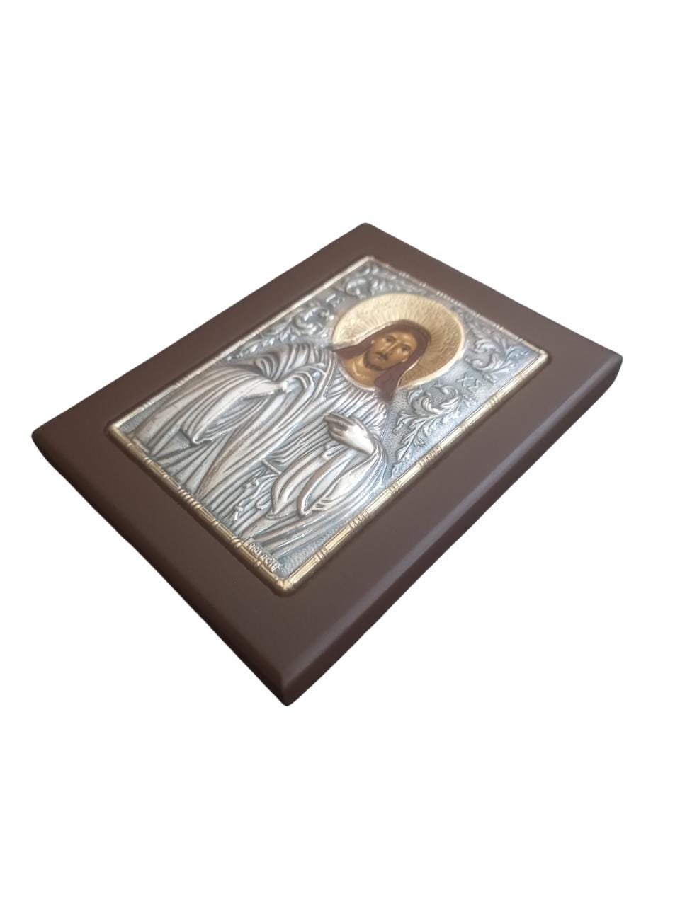 Jesus Christ Icon Silver 925 Gold Plated Orthodox Wall Art Engraved Wood Frame
