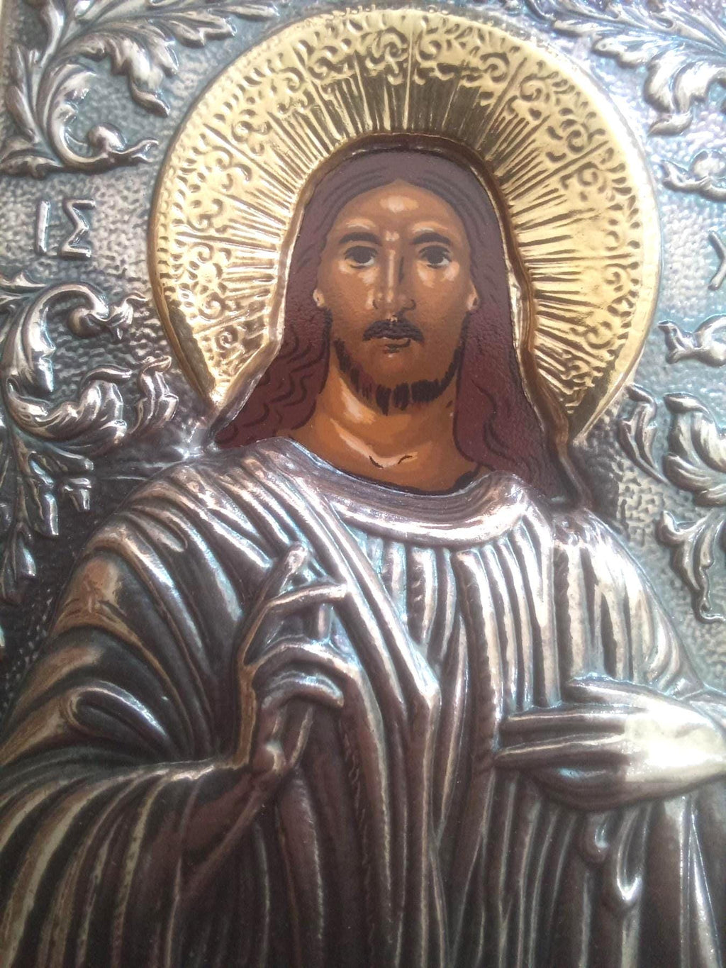Jesus Christ Icon Silver 925 Gold Plated Orthodox Wall Art Engraved Wood Frame
