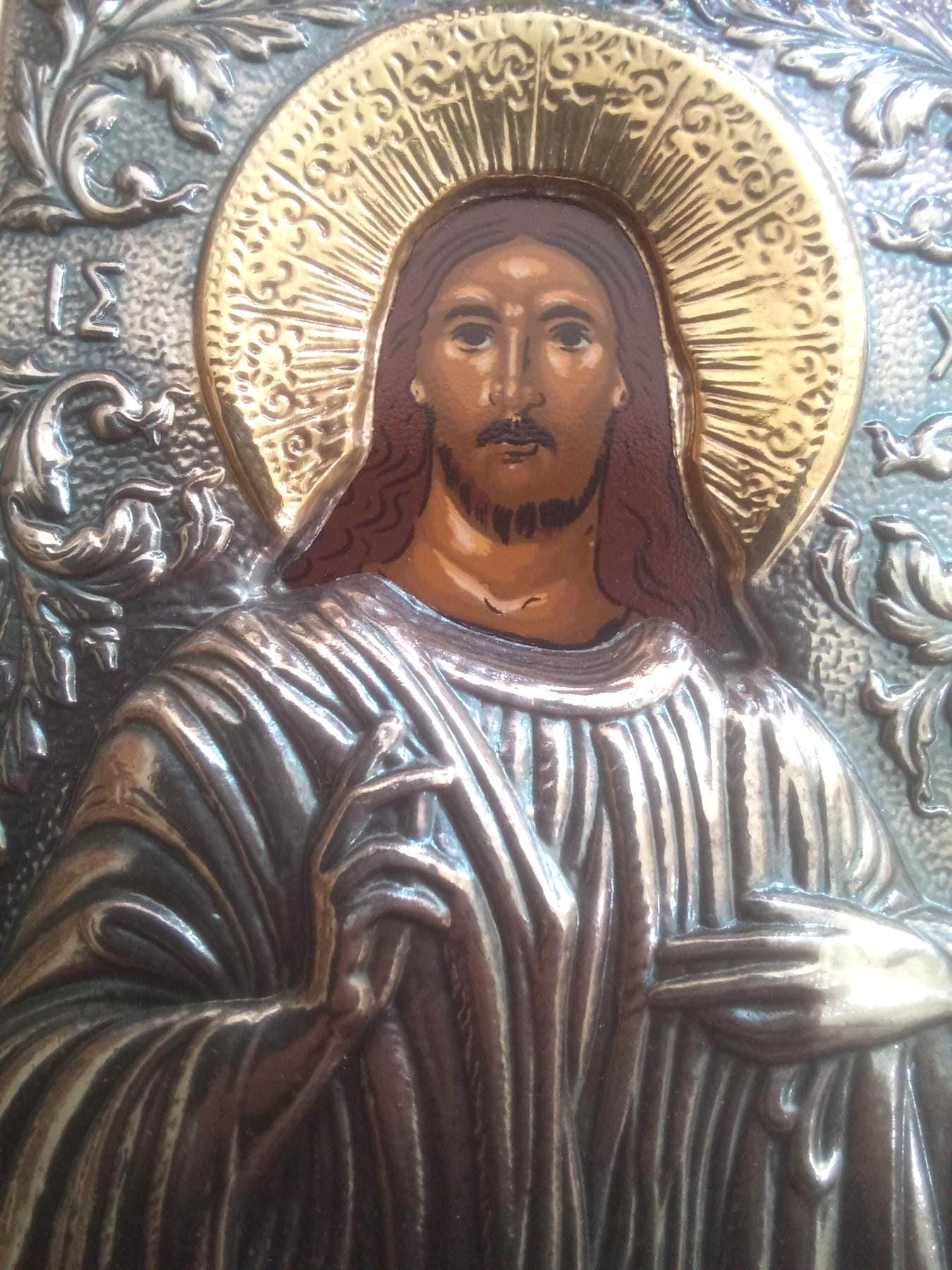 Jesus Christ Icon Silver 925 Gold Plated Orthodox Wall Art Engraved Wood Frame