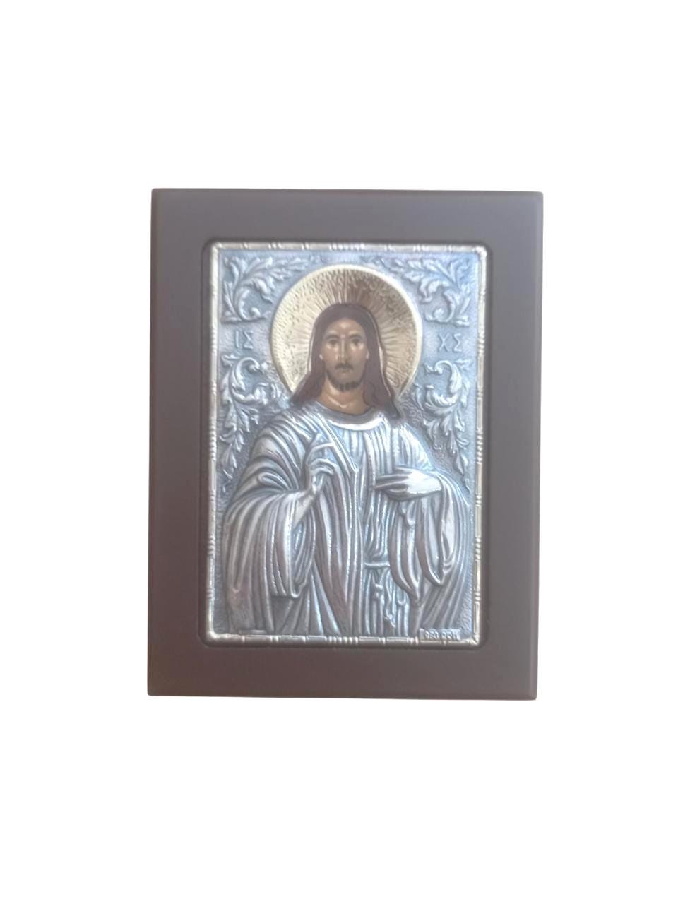 Jesus Christ Icon Silver 925 Gold Plated Orthodox Wall Art Engraved Wood Frame