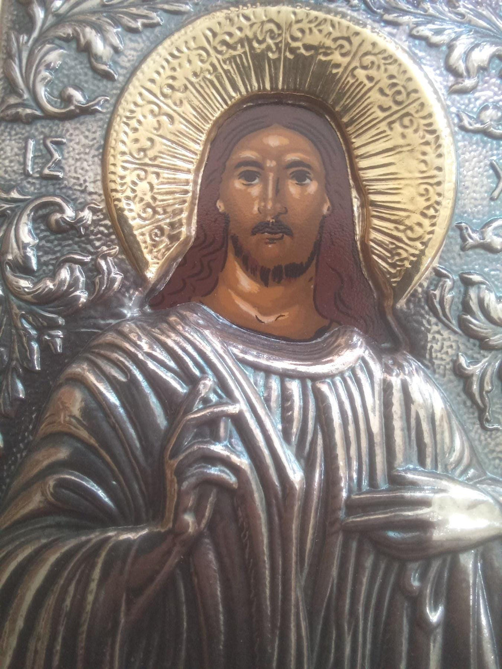 Jesus Christ Icon Silver 925 Gold Plated Orthodox Wall Art Engraved Wood Frame