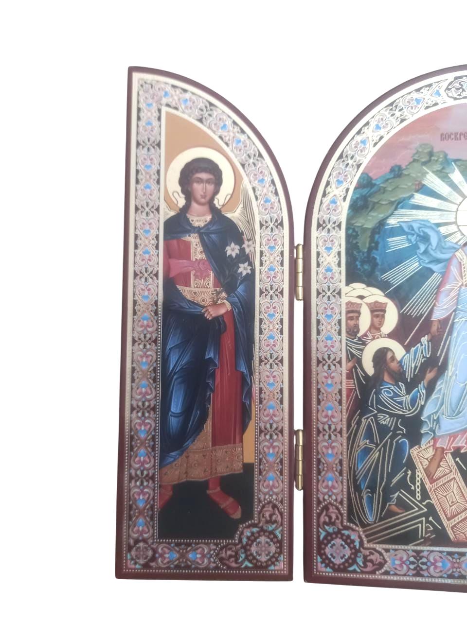 Greek Orthodox Triptych Icon Resurrection of Jesus Christ Archangel Michael Gabriel Folding Travel Icon Wood Gilded Print 23x16cm 9x6.3 inch