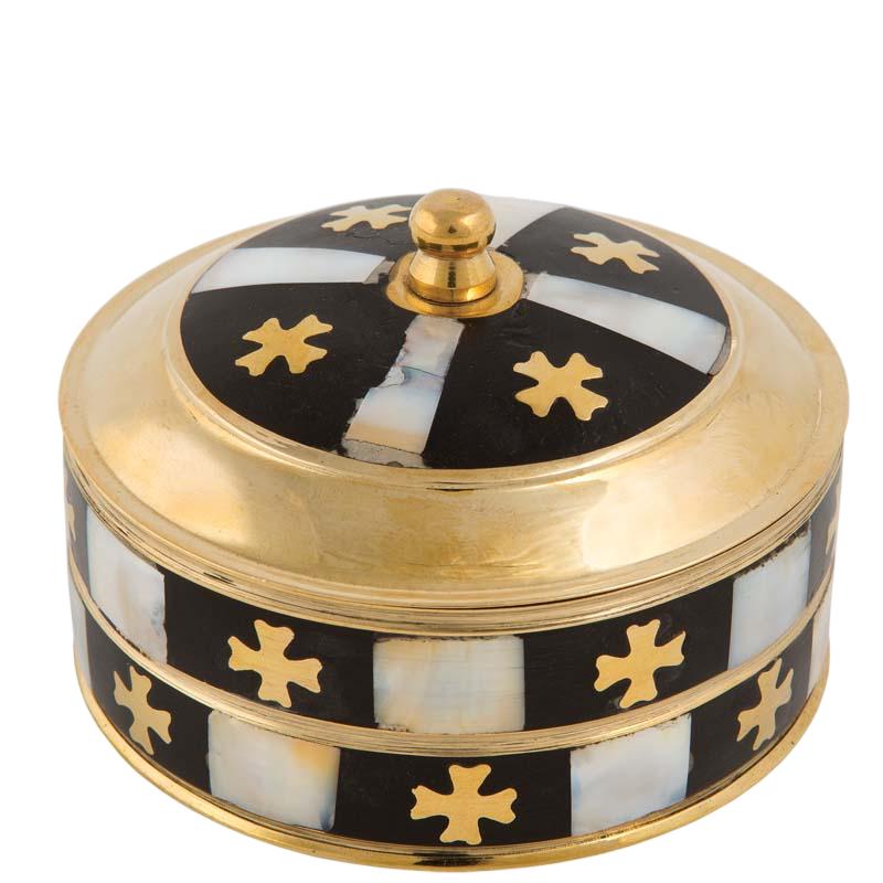 Round Brass Box Relic Case Incense Storage Rosary Safe Religious Jewelry Crosses Design Mother of Pearl Inlay Greek Orthodox Anointing Oil