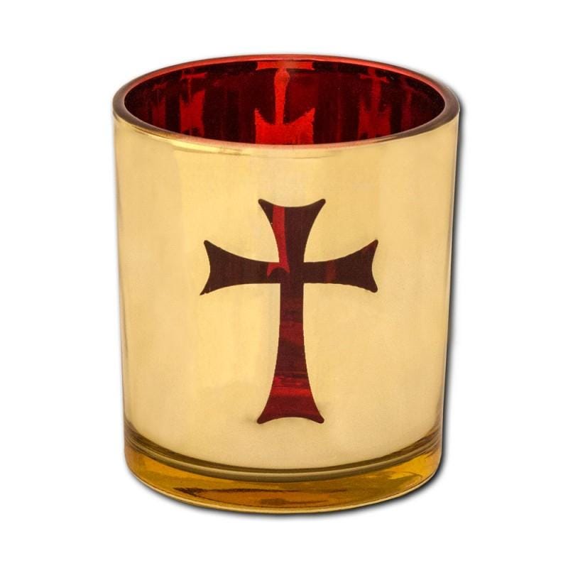 Medium 3" Cross Design Gilded Gold Votive Vigil Oil Lamp Replacement Beautiful Elegant Red Glass Cup 8cm