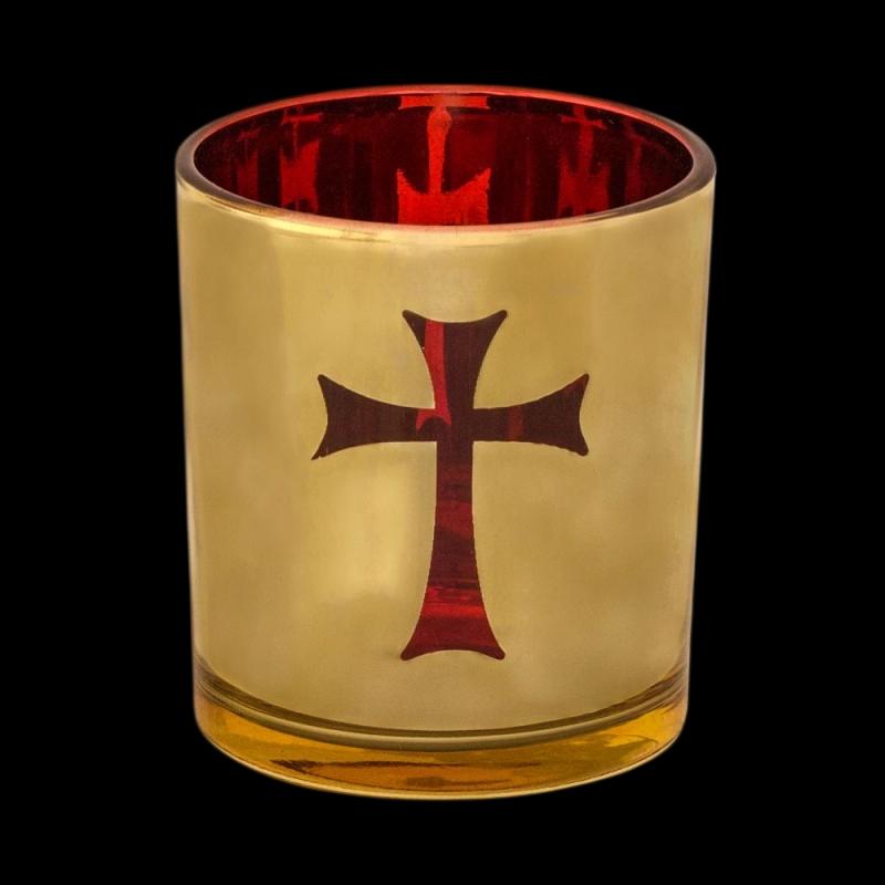 Medium 3" Cross Design Gilded Gold Votive Vigil Oil Lamp Replacement Beautiful Elegant Red Glass Cup 8cm