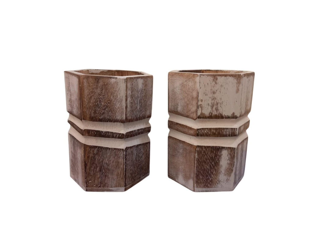 Set of 2 Wooden Pencil Holders | Hexagon Natural Wood Desk Organizers | Handpainted White Accents | Rustic Office & Study Decor