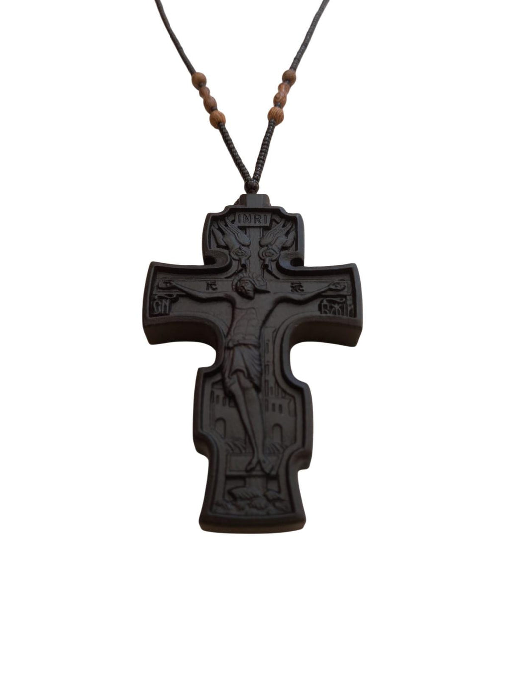 4" Natural Wood Carved Russian Orthodox Pectoral Cross with Beaded Chain 35"