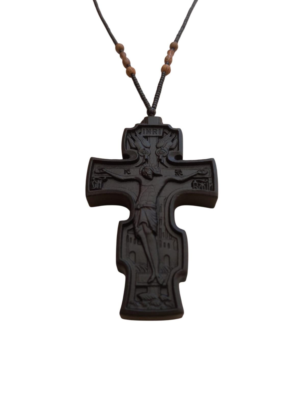 4" Natural Wood Carved Russian Orthodox Pectoral Cross with Beaded Chain 35"