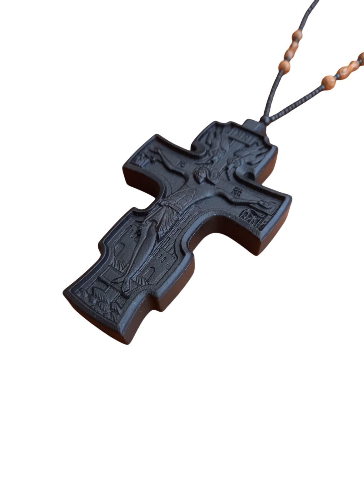 4" Natural Wood Carved Russian Orthodox Pectoral Cross with Beaded Chain 35"