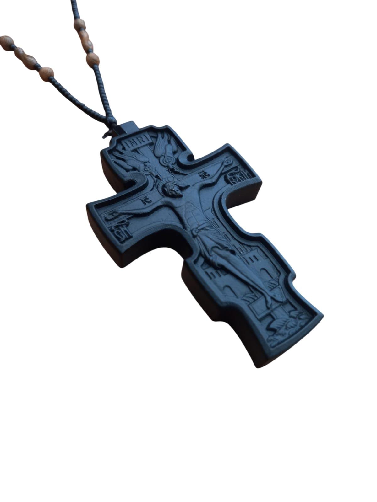 4" Natural Wood Carved Russian Orthodox Pectoral Cross with Beaded Chain 35"