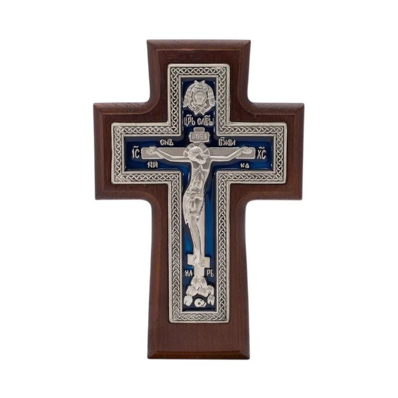 Blue Enamel Orthodox Wall Cross, Greek Russian Crucifix, Hand Applied Enamel Icon, Engraved Wooden Wall Decor, Christian Religious Gift
