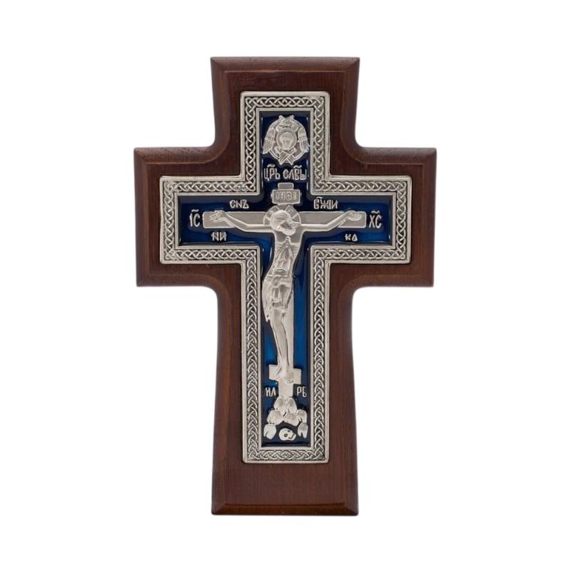 Blue Enamel Orthodox Wall Cross, Greek Russian Crucifix, Hand Applied Enamel Icon, Engraved Wooden Wall Decor, Christian Religious Gift