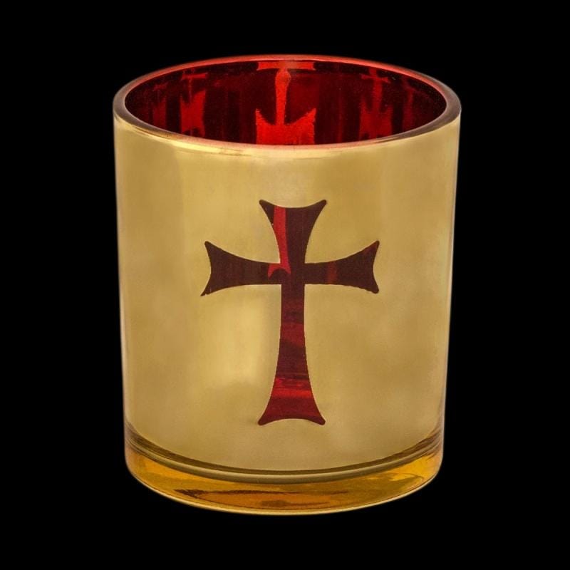 Medium 3" Cross Design Gilded Gold Votive Vigil Oil Lamp Replacement Beautiful Elegant Red Glass Cup 8cm