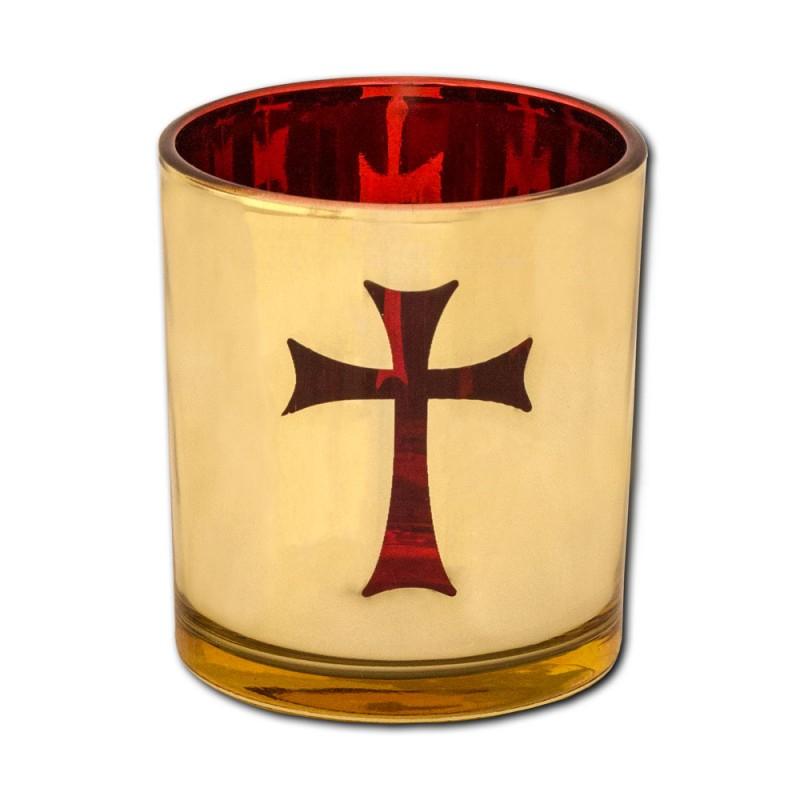 Medium 3" Cross Design Gilded Gold Votive Vigil Oil Lamp Replacement Beautiful Elegant Red Glass Cup 8cm