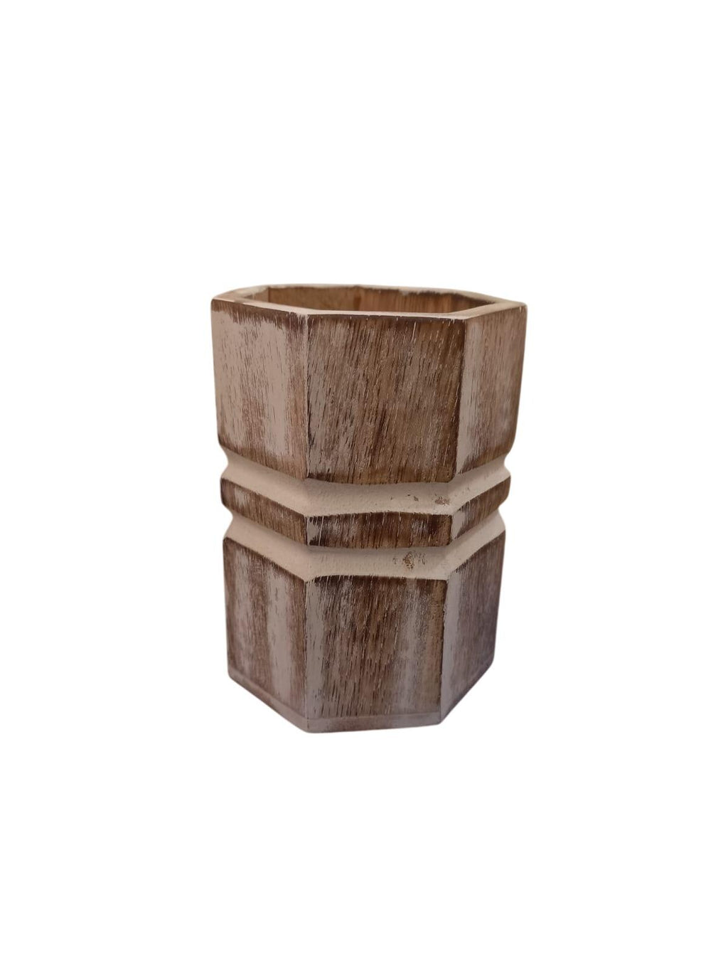 Set of 2 Wooden Pencil Holders | Hexagon Natural Wood Desk Organizers | Handpainted White Accents | Rustic Office & Study Decor