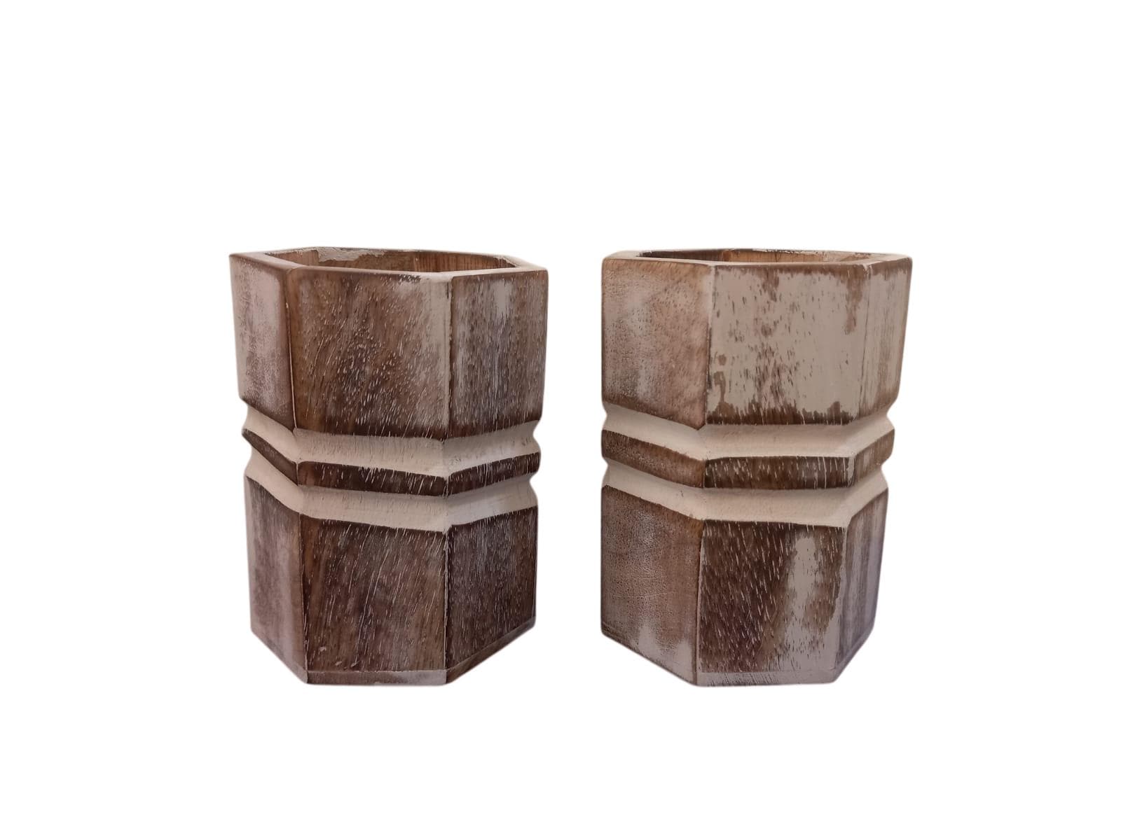 Set of 2 Wooden Pencil Holders | Hexagon Natural Wood Desk Organizers | Handpainted White Accents | Rustic Office & Study Decor