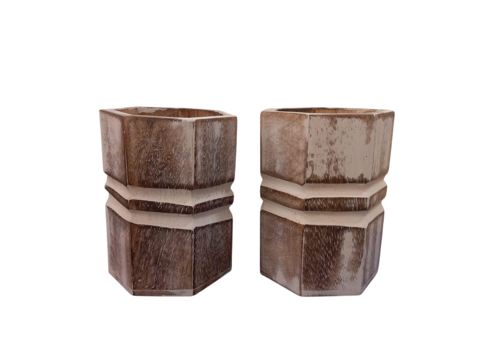 Set of 2 Wooden Pencil Holders | Hexagon Natural Wood Desk Organizers | Handpainted White Accents | Rustic Office & Study Decor