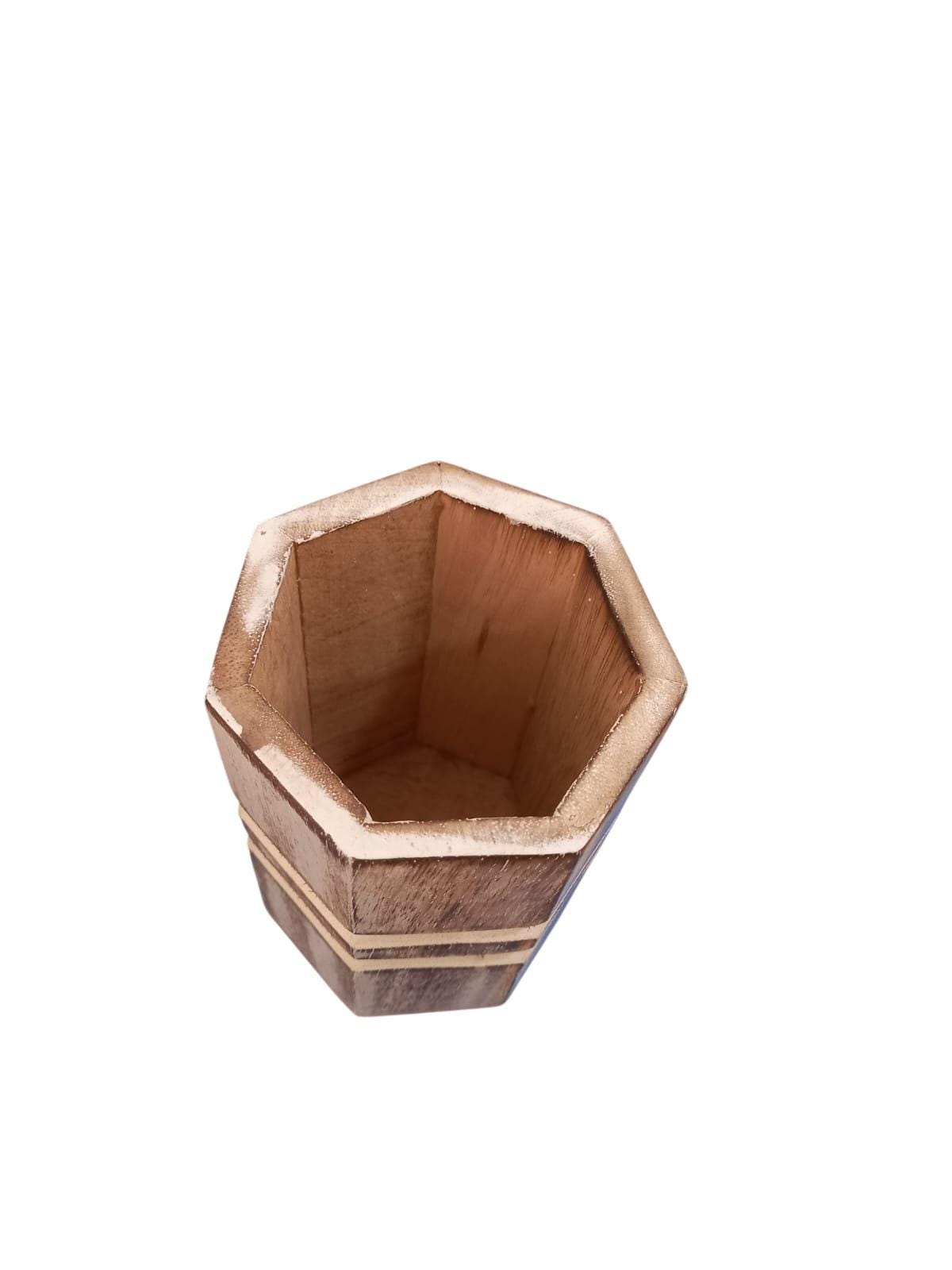 Set of 2 Wooden Pencil Holders | Hexagon Natural Wood Desk Organizers | Handpainted White Accents | Rustic Office & Study Decor