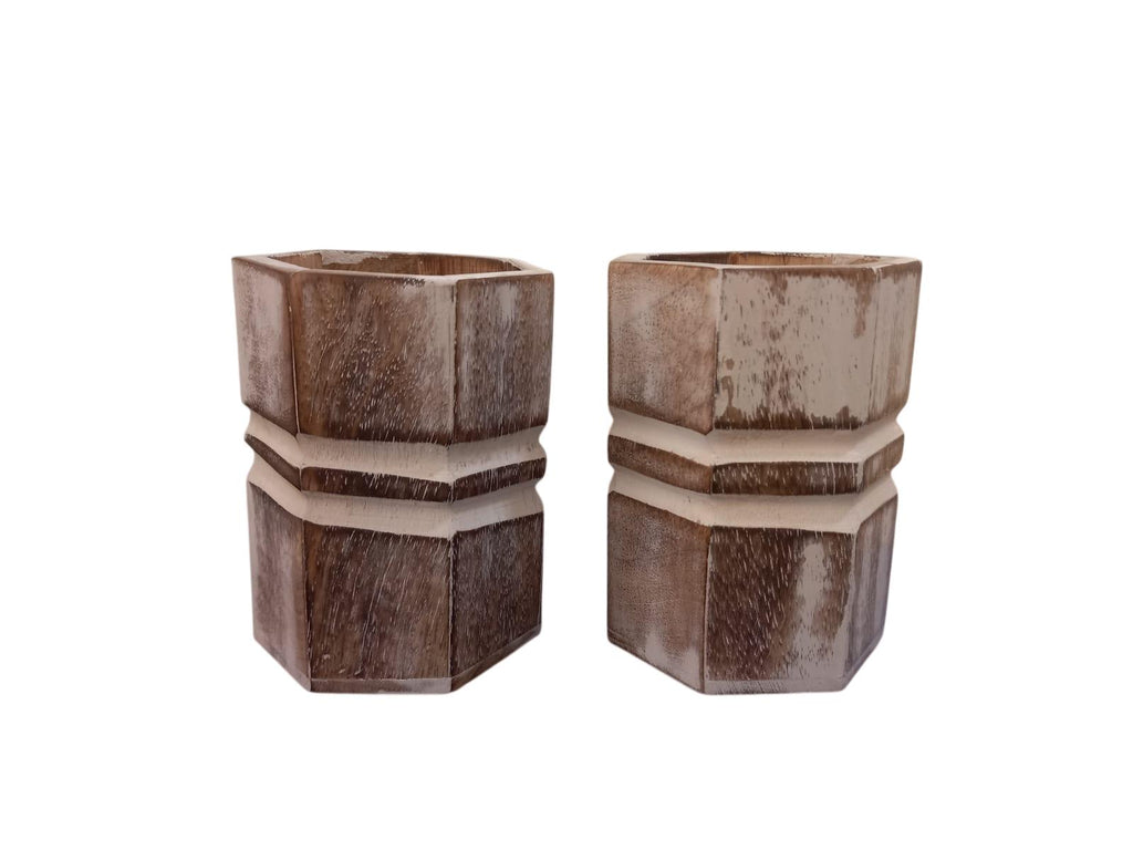 Set of 2 Wooden Pencil Holders | Hexagon Natural Wood Desk Organizers | Handpainted White Accents | Rustic Office & Study Decor