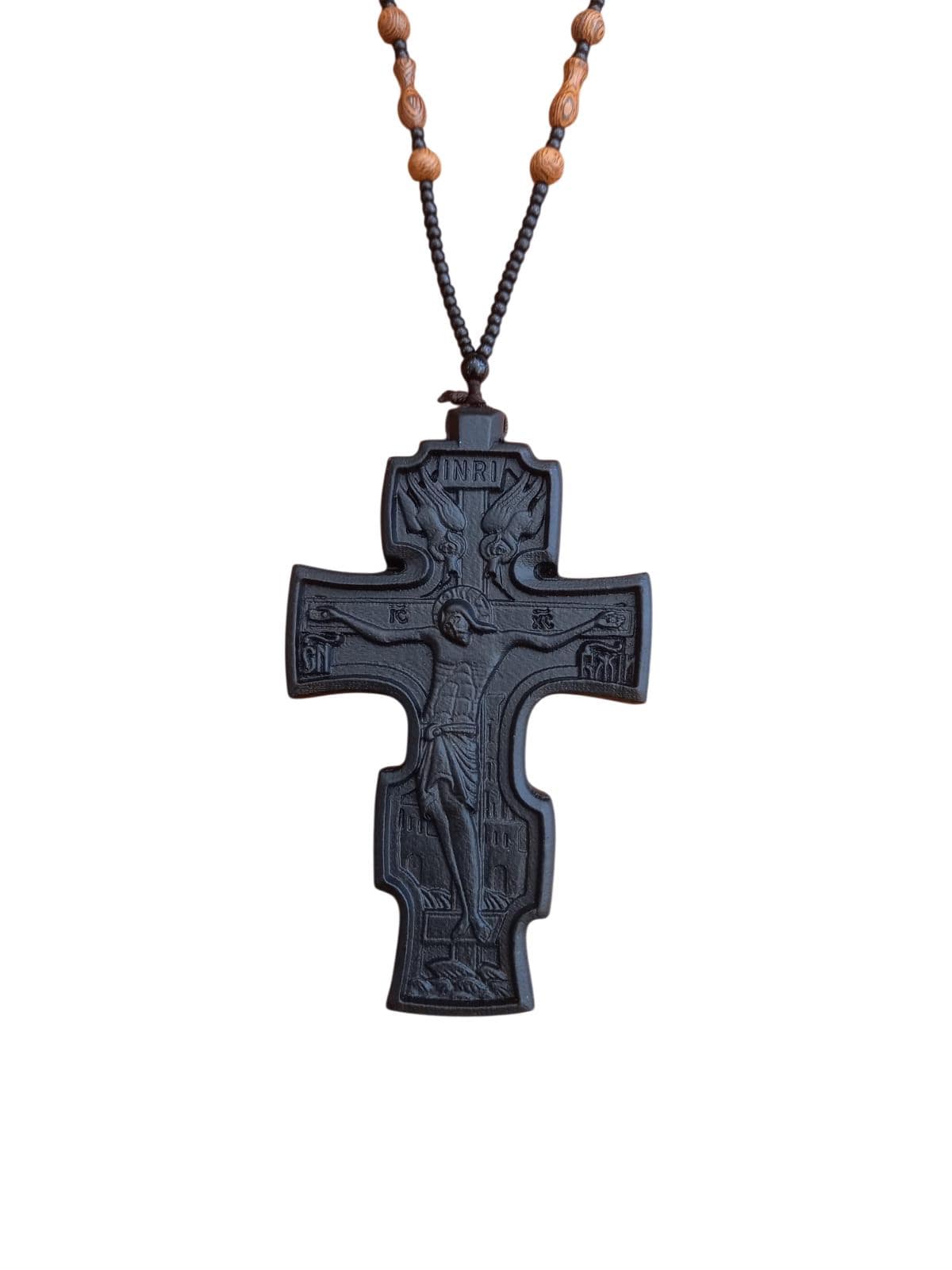 4" Natural Wood Carved Russian Orthodox Pectoral Cross with Beaded Chain 35"