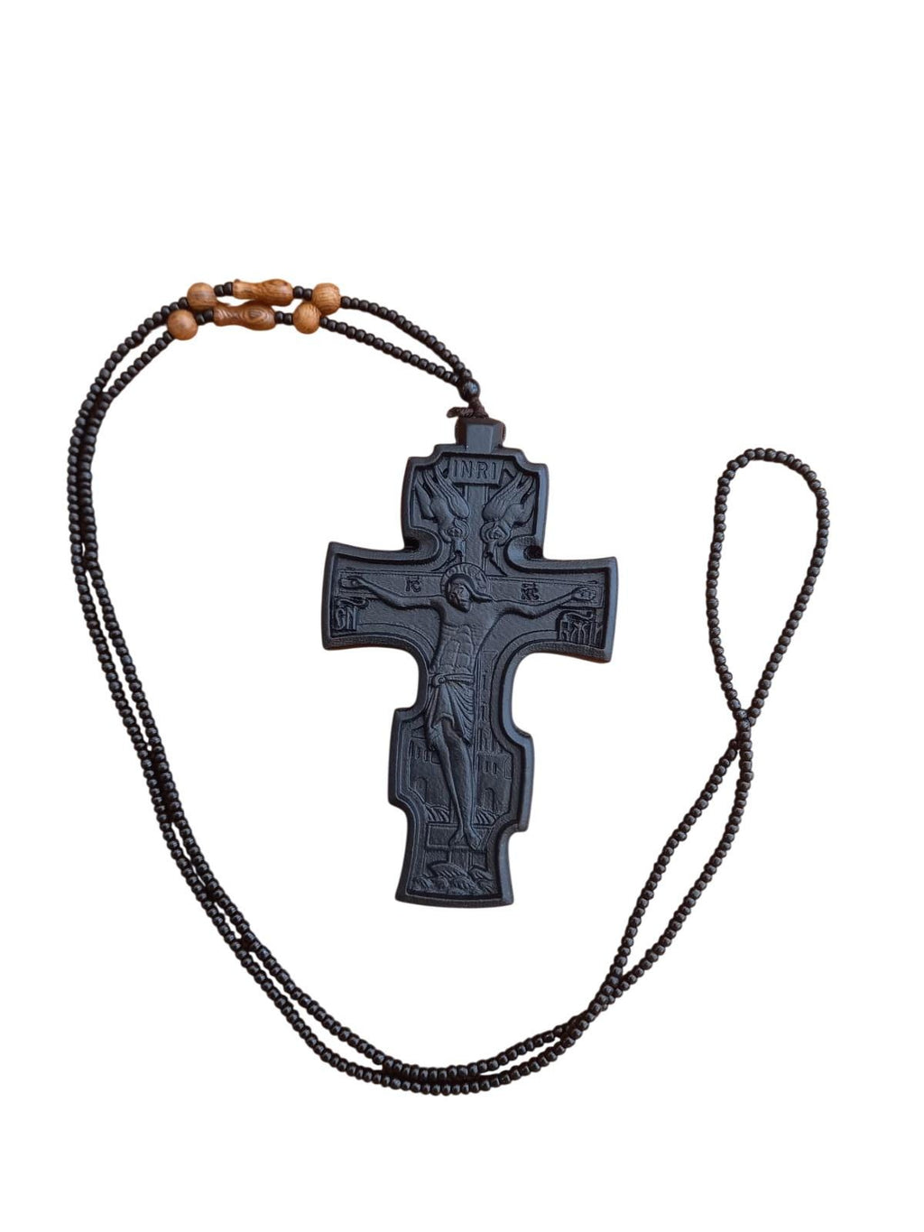 4" Natural Wood Carved Russian Orthodox Pectoral Cross with Beaded Chain 35"