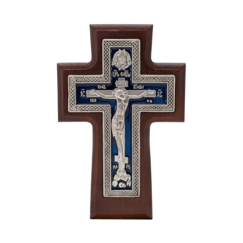 Blue Enamel Orthodox Wall Cross, Greek Russian Crucifix, Hand Applied Enamel Icon, Engraved Wooden Wall Decor, Christian Religious Gift