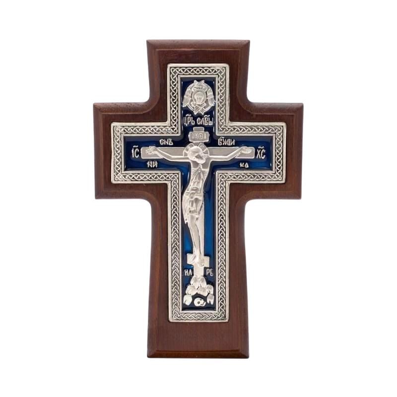 Blue Enamel Orthodox Wall Cross, Greek Russian Crucifix, Hand Applied Enamel Icon, Engraved Wooden Wall Decor, Christian Religious Gift